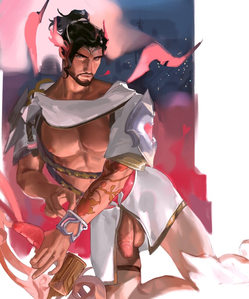 1boy abs absurdres arm_tattoo arrow_(projectile) asian bara bare_pectorals beard black_hair bow_(weapon) brown_hair code2_ip cupid_hanzo dark-skinned_male dark_skin facial_hair feet_out_of_frame flaccid girthy_penis hanzo_(overwatch) highres large_pectorals loincloth looking_at_viewer male_focus muscular muscular_male nipples no_male_underwear official_alternate_costume overwatch pectorals penis revealing_clothes short_hair sideburns solo stomach tattoo thick_eyebrows thick_thighs thighs tiara uncensored valentine weapon