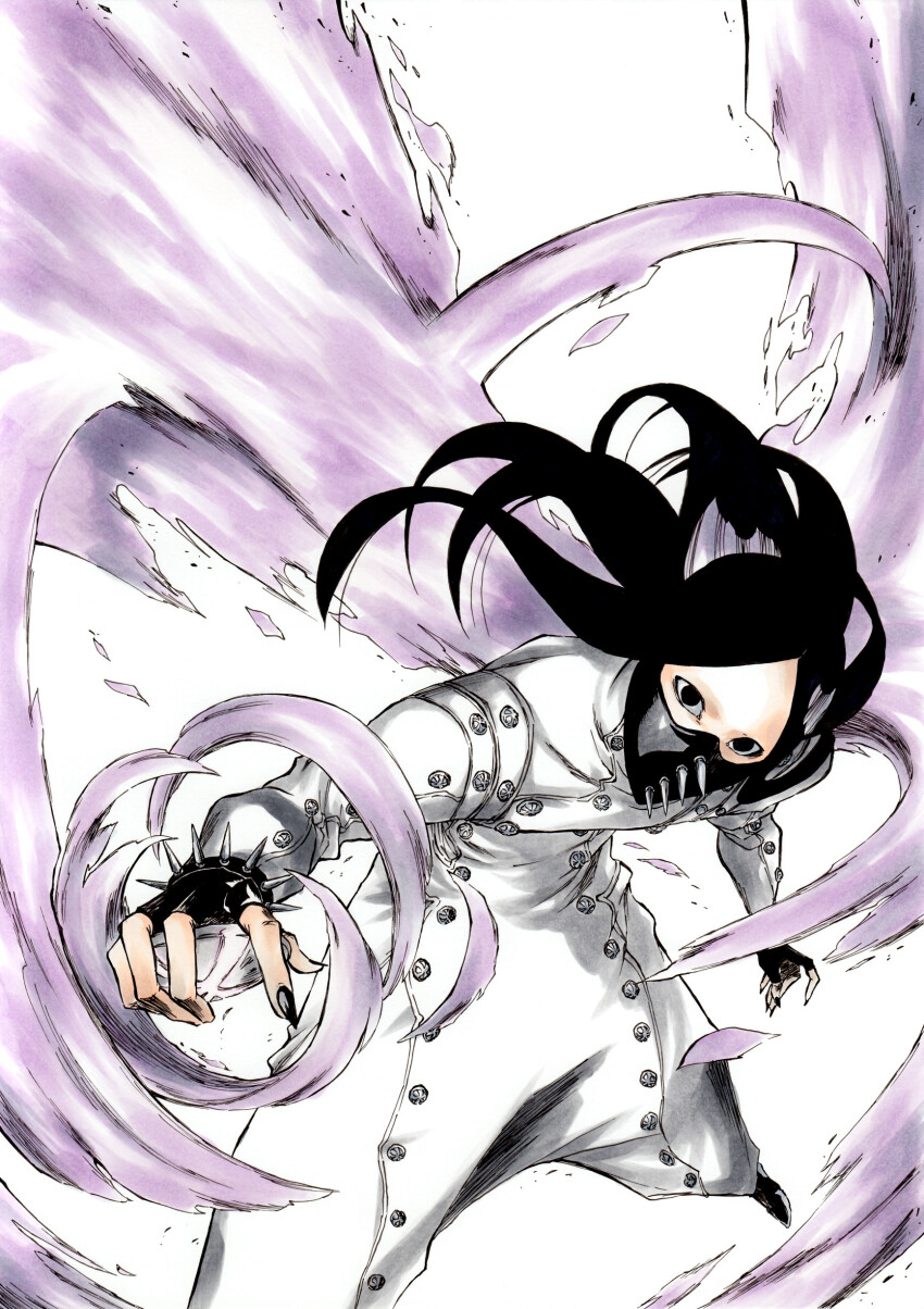 1boy absurdres as_nodt bankai black_eyes black_gloves black_hair black_mask black_nails bleach bleach:_sennen_kessen-hen commentary_request fingerless_gloves floating_hair foot_out_of_frame gloves highres incoming_attack ken&#039;ichi_(ken1ro_u) leaning_forward long_hair long_sleeves looking_at_viewer male_focus mask mouth_mask nail_polish official_style reaching reaching_towards_viewer senbonzakura_kageyoshi_(bankai) simple_background solo wandenreich white_background