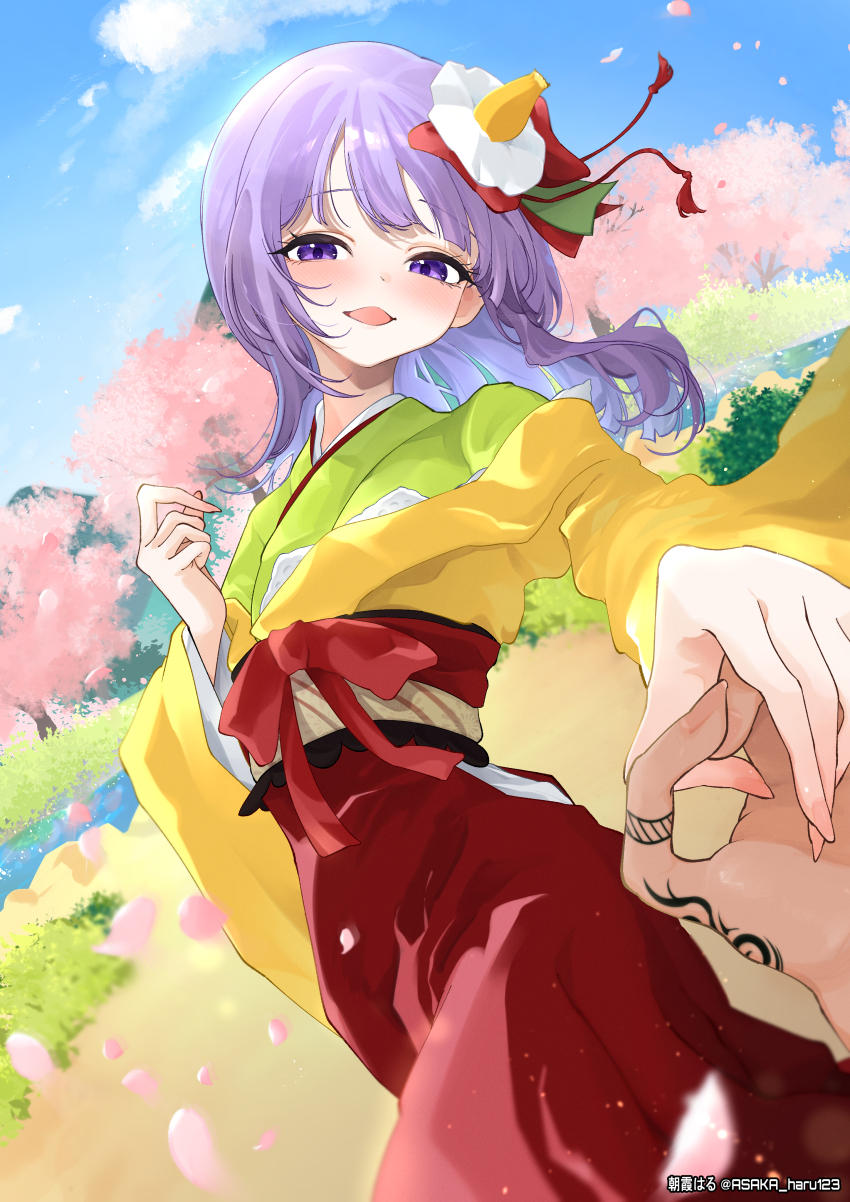 1boy 1girl absurdres artist_name asaka_haru123 blush cherry_blossoms commentary_request commission falling_petals fingernails green_kimono hakama hand_tattoo hetero hieda_no_akyuu highres holding_hands japanese_clothes kimono long_hair looking_at_viewer original outdoors petals pov pov_hands purple_eyes purple_hair red_hakama skeb_commission smile tattoo touhou twitter_username