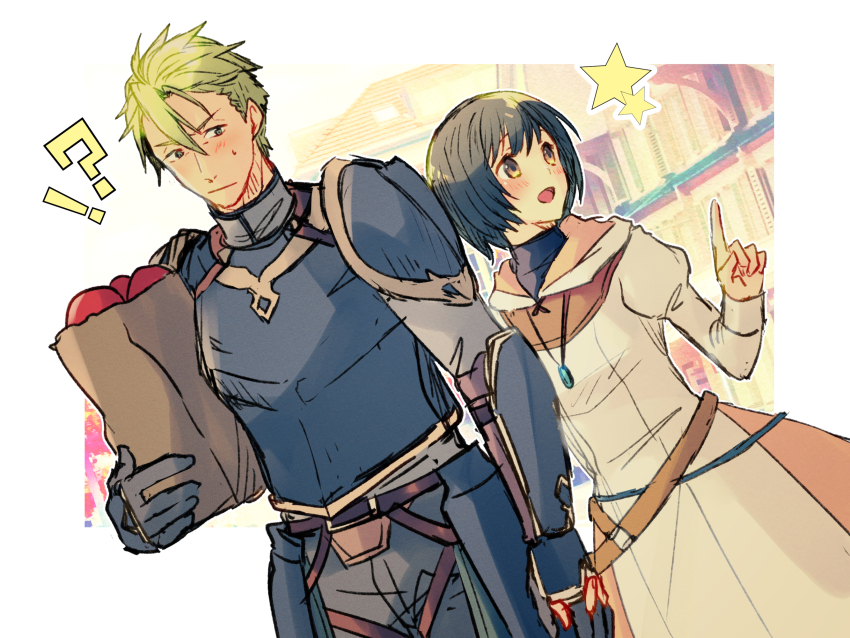 !? 1boy 1girl armor arran_(fire_emblem) bag belt black_hair blonde_hair blue_armor blush breastplate brown_eyes closed_mouth commentary_request dress dutch_angle fire_emblem fire_emblem:_radiant_dawn green_eyes high_collar highres holding holding_bag holding_hands hooded_robe index_finger_raised jewelry juliet_sleeves laura_(fire_emblem) long_sleeves looking_to_the_side nintendo nishimura_(shinchinagachi) open_mouth paper_bag pendant puffy_sleeves robe short_hair shoulder_armor star_(symbol) sweat upper_body white_robe