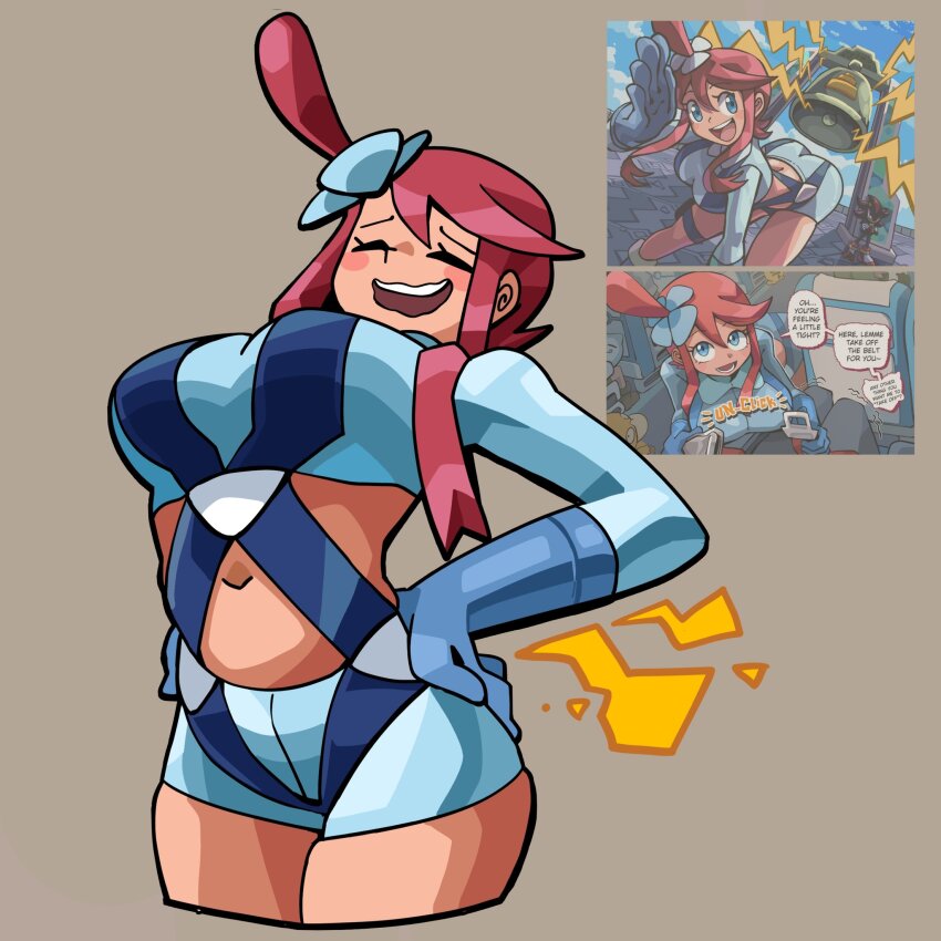1girl back_pain blue_eyes breasts brown_background closed_eyes commentary crop_top english_commentary gloves highres inset large_breasts long_hair long_sleeves nintendo notus_49 pokemon pokemon_bw red_hair shorts skyla_(pokemon) teeth upper_teeth_only