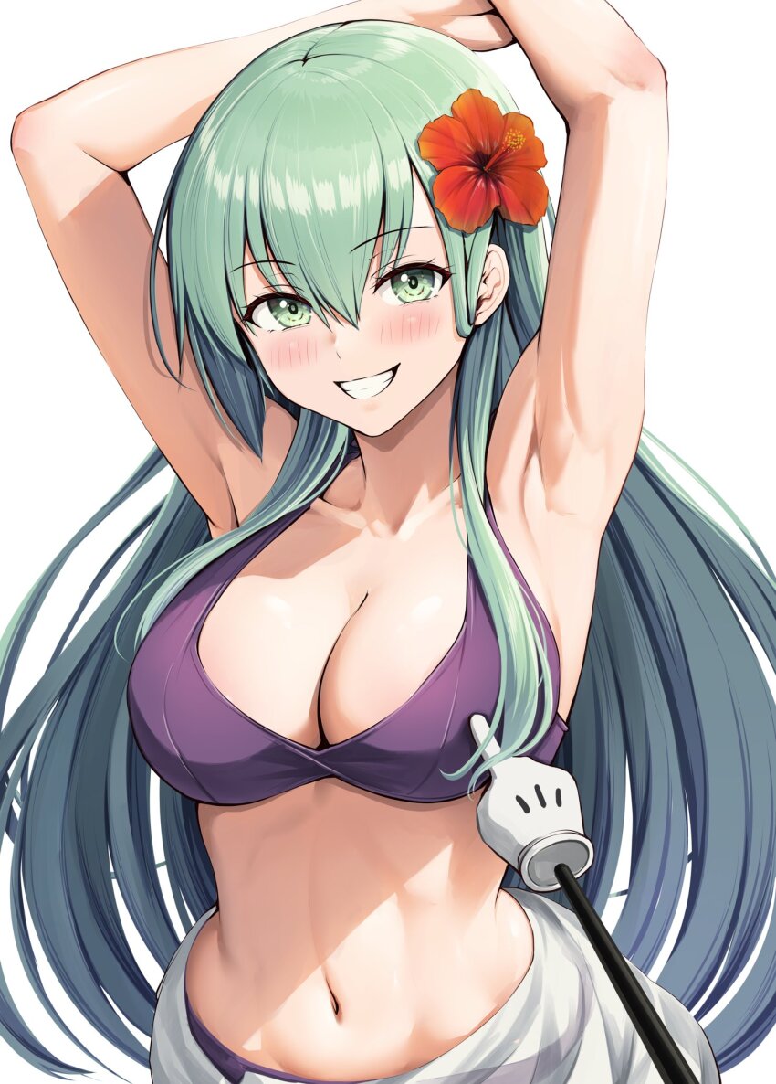 1girl armpits arms_up bikini blush breasts collarbone commentary flower green_eyes green_hair grin hair_between_eyes hair_flower hair_ornament hibiscus highres ichikawa_feesu kantai_collection large_breasts long_hair looking_at_viewer navel purple_bikini red_flower simple_background smile solo suzuya_(kancolle) suzuya_kai_ni_(kancolle) suzuya_kai_ni_(swimsuit)_(kancolle) swimsuit upper_body very_long_hair white_background