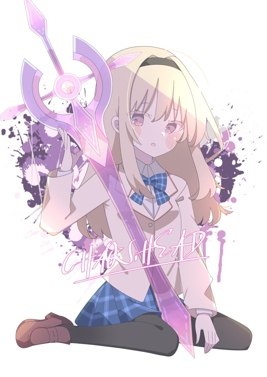 1girl 9ra4ki33 :o absurdres black_hairband black_pantyhose blonde_hair blue_bow blue_bowtie blush_stickers bow bowtie brown_eyes brown_shoes chaos;head collared_shirt colored_eyelashes commentary_request copyright_name eyes_visible_through_hair full_body hair_between_eyes hair_intakes hairband hand_up highres holding holding_weapon jacket loafers long_hair long_sleeves looking_at_viewer nishijou_nanami open_mouth pantyhose plaid_bow plaid_bowtie plaid_clothes school_uniform shirt shoes sidelocks simple_background sitting solo wariza weapon white_background white_shirt yellow_jacket