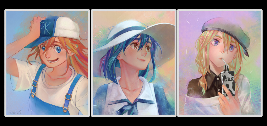 3girls baseball_cap beret black_shirt blonde_hair blue_eyes blue_hair braid commentary dress drinking drinking_straw flip_flappers hat highres kokomine_cocona looking_at_viewer looking_to_the_side milk_carton multiple_girls orange_hair overalls papika_(flip_flappers) shirt smile sun_hat tiii white_shirt yayaka