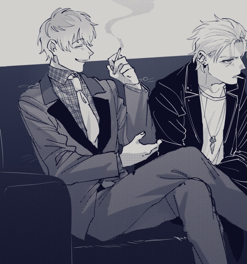 2boys adam&#039;s_apple aohitsugi_samatoki barbell_piercing ben-day_dots cigarette closed_eyes collarbone collared_shirt contrast_collar couch crossed_legs ear_piercing earrings facing_another feet_out_of_frame fingernails formal_clothes from_side furrowed_brow gradient_hair grey_background grin hair_between_eyes hair_slicked_back hand_on_own_elbow hand_up highres holding holding_cigarette hypnosis_mic industrial_piercing jacket jewelry leaning_forward leather leather_jacket long_sleeves looking_ahead loose_hair_strand male_focus monochrome mouth_hold multicolored_hair multiple_boys multiple_piercings necklace necktie nurude_sasara open_clothes open_jacket open_mouth parted_lips piercing plaid_clothes plaid_shirt profile raised_eyebrows screentones shirt short_hair simple_background sitting smile smoke smoking suit urata_(kogasitata) v-shaped_eyebrows wispy_bangs