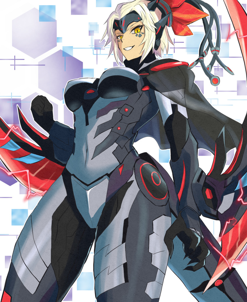 1girl arm_blade armor black_armor black_suit breasts claws covered_navel dinomorphia_kentregina dinosaur_costume dinosaur_girl dinosaur_tail duel_monster formal_clothes fukai_asase highres large_breasts looking_at_viewer parted_lips short_hair smile solo suit tail weapon white_hair yellow_eyes yu-gi-oh!