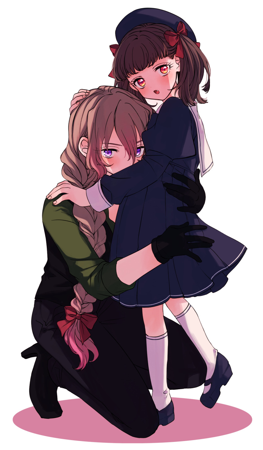 2girls age_difference amane_(7783) beret black_pants black_vest blue_dress blue_shoes bow braid brown_hair commentary_request dress green_hair green_shirt hair_between_eyes hair_bow hat highres hug kneehighs kneeling long_hair multiple_girls onee-loli open_mouth original pants purple_eyes red-framed_eyewear red_eyes sailor_collar shirt shoes simple_background single_braid socks two_side_up vest white_background white_sailor_collar white_shirt yuri