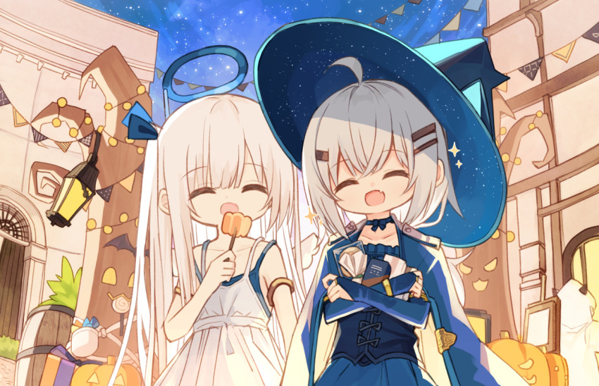2girls :d ^_^ ahoge bare_shoulders barrel blue_cloak blue_shirt blue_skirt box bridal_gauntlets building ciela_(yuuhagi_(amaretto-no-natsu)) cloak closed_eyes collarbone commentary_request dress facing_viewer fake_halo fake_wings fang food gift gift_box hair_between_eyes hair_ornament hairclip halloween halo hat holding holding_food hugging_object jack-o&#039;-lantern lantern long_hair mini_wings multiple_girls night night_sky open_mouth original outdoors pennant pleated_skirt red_girl_(yuuhagi_(amaretto-no-natsu)) shirt skirt sky sleeveless sleeveless_dress smile star_(sky) starry_sky string_of_flags two_side_up very_long_hair white_dress white_hair wings witch_hat yuuhagi_(amaretto-no-natsu)