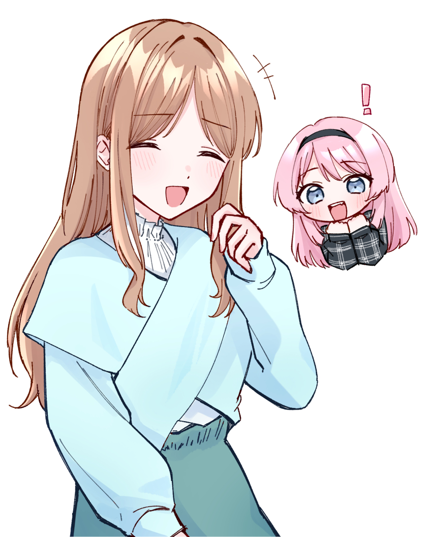 2girls bang_dream! bang_dream!_it&#039;s_mygo!!!!! black_hairband black_shirt blue_shirt blush brown_hair chihaya_anon closed_eyes commentary fang grey_eyes hairband highres long_hair long_sleeves multiple_girls nagasaki_soyo open_mouth pink_hair shirt simple_background smile teeth upper_teeth_only white_background zangemiya
