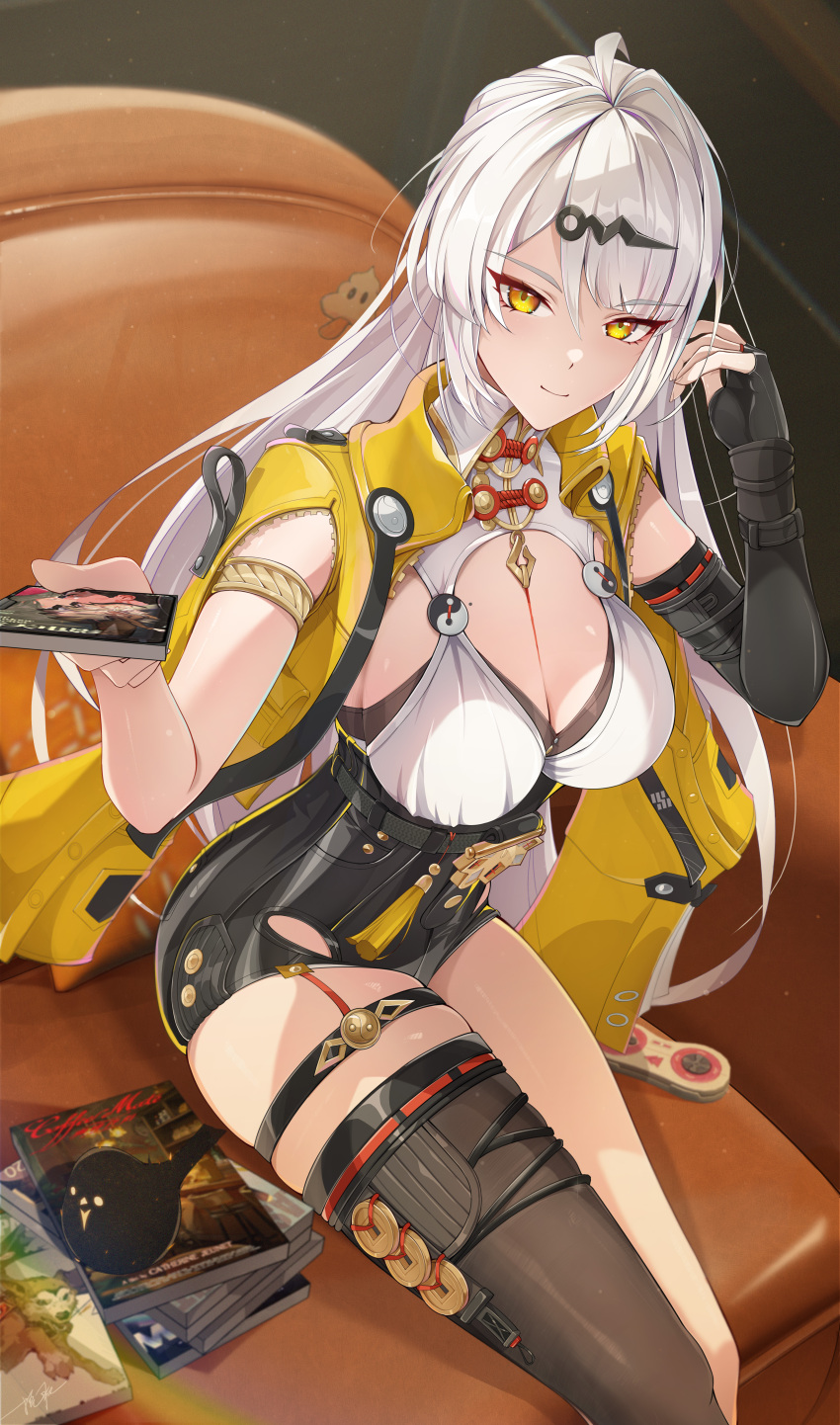 1girl absurdres armlet bird black_bird black_gloves black_shorts black_thighhighs book breasts cleavage closed_mouth collar commentary elbow_gloves feet_out_of_frame fingerless_gloves gloves hair_ornament hand_up hands_up high-waist_shorts highres holding holding_book jacket jewelry large_breasts long_hair looking_at_viewer mole mole_on_breast ooo_wange shirt shorts single_elbow_glove single_fingerless_glove single_thighhigh sitting skindentation smile solo thigh_strap thighhighs thighs very_long_hair white_collar white_hair white_shirt yellow_eyes yellow_jacket yixuan_(zenless_zone_zero) zenless_zone_zero