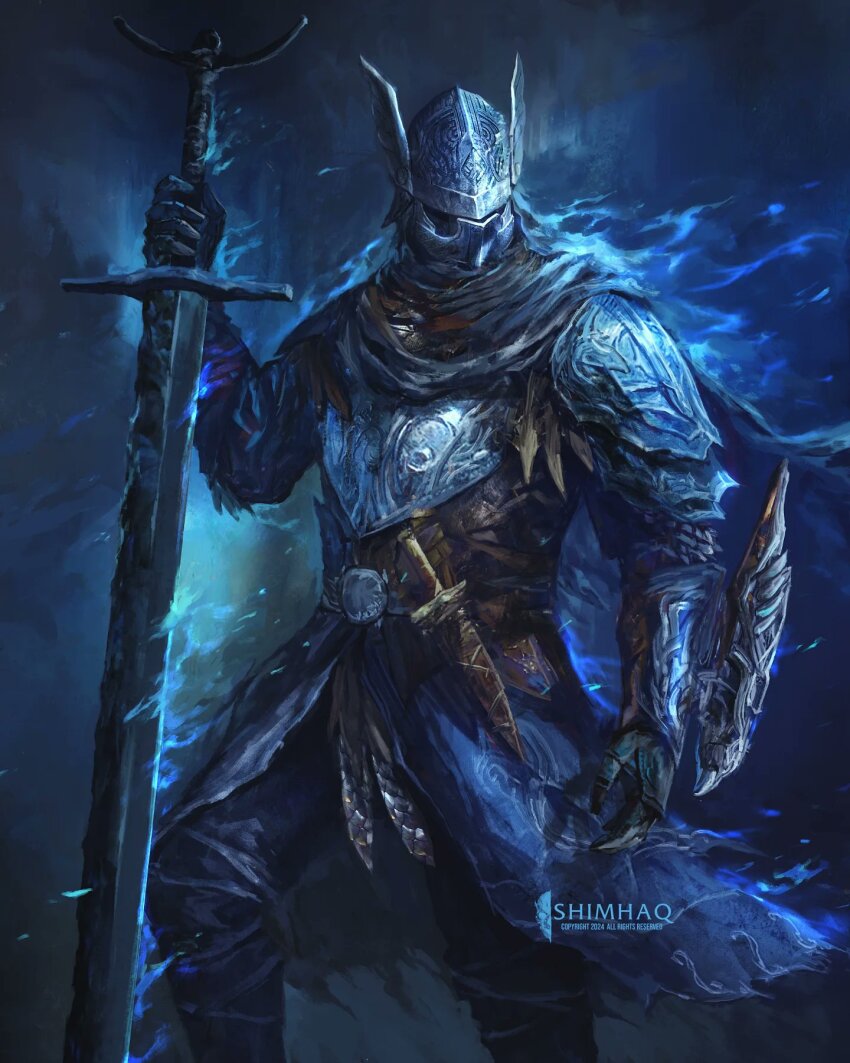 1boy armor blue_aura blue_surcoat cape elden_ring elden_ring_nightreign full_armor gloves greatsword helmet highres holding holding_weapon male_focus shimhaq solo sword weapon winged_helmet wylder_(elden_ring)