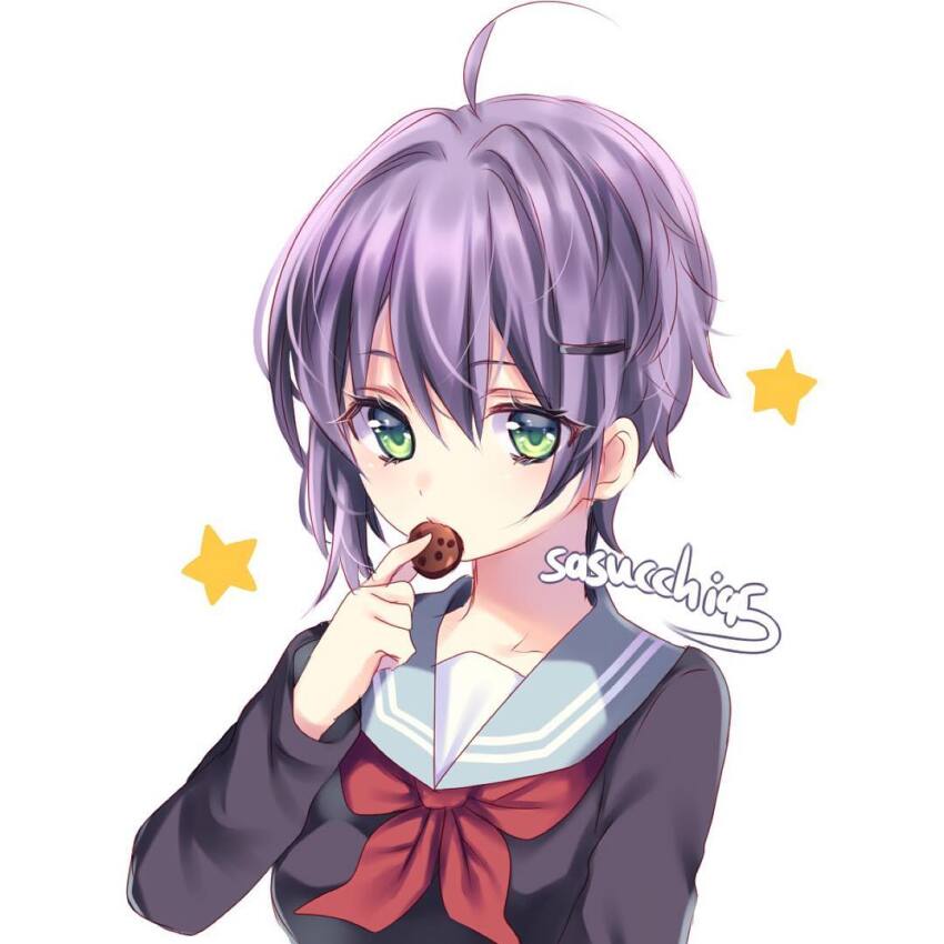 1girl ahoge aqua_sailor_collar artist_name asymmetrical_hair black_shirt blush breasts collarbone cookie double-parted_bangs eating food from_above green_eyes hair_between_eyes hair_intakes hair_ornament holding holding_cookie holding_food long_sleeves looking_at_viewer neckerchief original red_neckerchief sailor_collar sasucchi95 shirt short_hair simple_background small_breasts solo star_(symbol) upper_body white_background