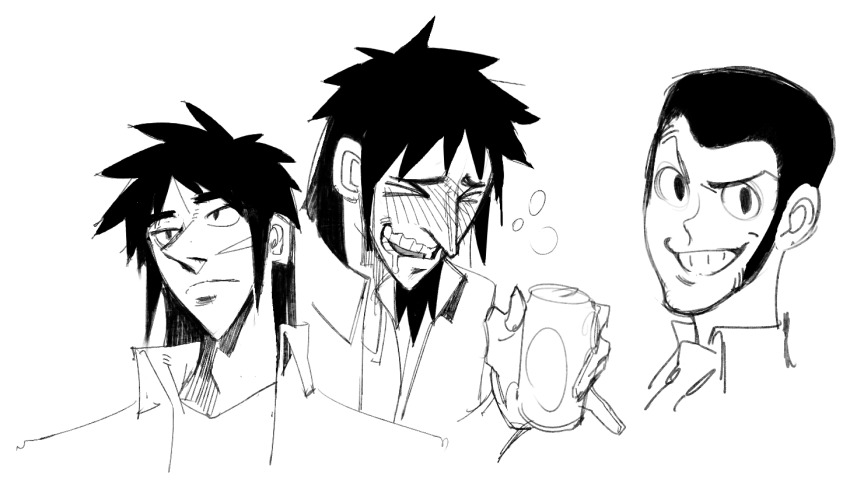 &gt;_&lt; 2boys arsene_lupin_iii blush collared_jacket commentary conto cropped_head drooling english_commentary facial_scar greyscale grin itou_kaiji jacket kaiji lupin_iii male_focus monochrome mouth_drool multiple_boys nose_blush scar scar_on_cheek scar_on_face short_hair simple_background sketch smile spiked_hair squeans