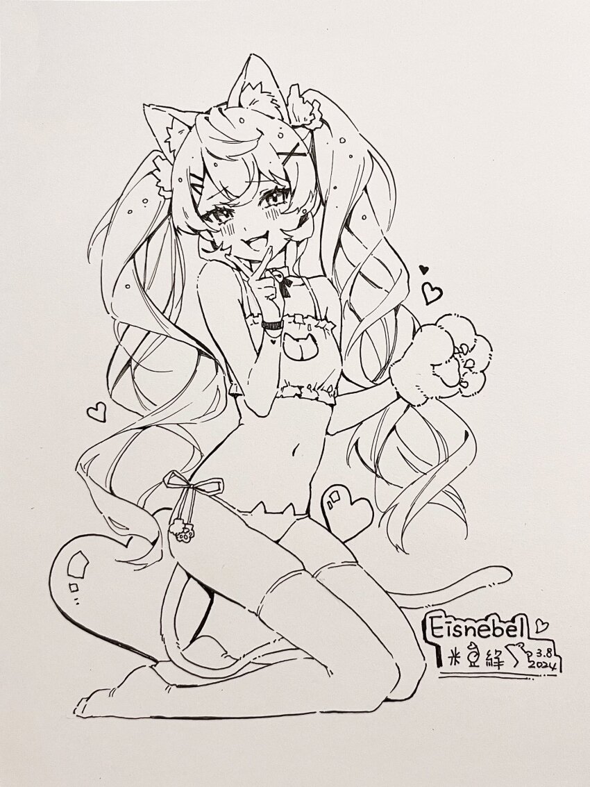 1girl animal_ears animal_hands bra breasts cat_cutout cat_ear_panties cat_ears cat_girl cat_lingerie cat_tail celestial_(vtuber) choker cleavage cleavage_cutout clothing_cutout eisnebel gloves highres kneeling long_hair looking_at_viewer midori_fufu navel no_shoes open_mouth panties paw_gloves side-tie_panties sketch small_breasts smile solo springfish_studio tail thighhighs twintails underwear very_long_hair virtual_youtuber