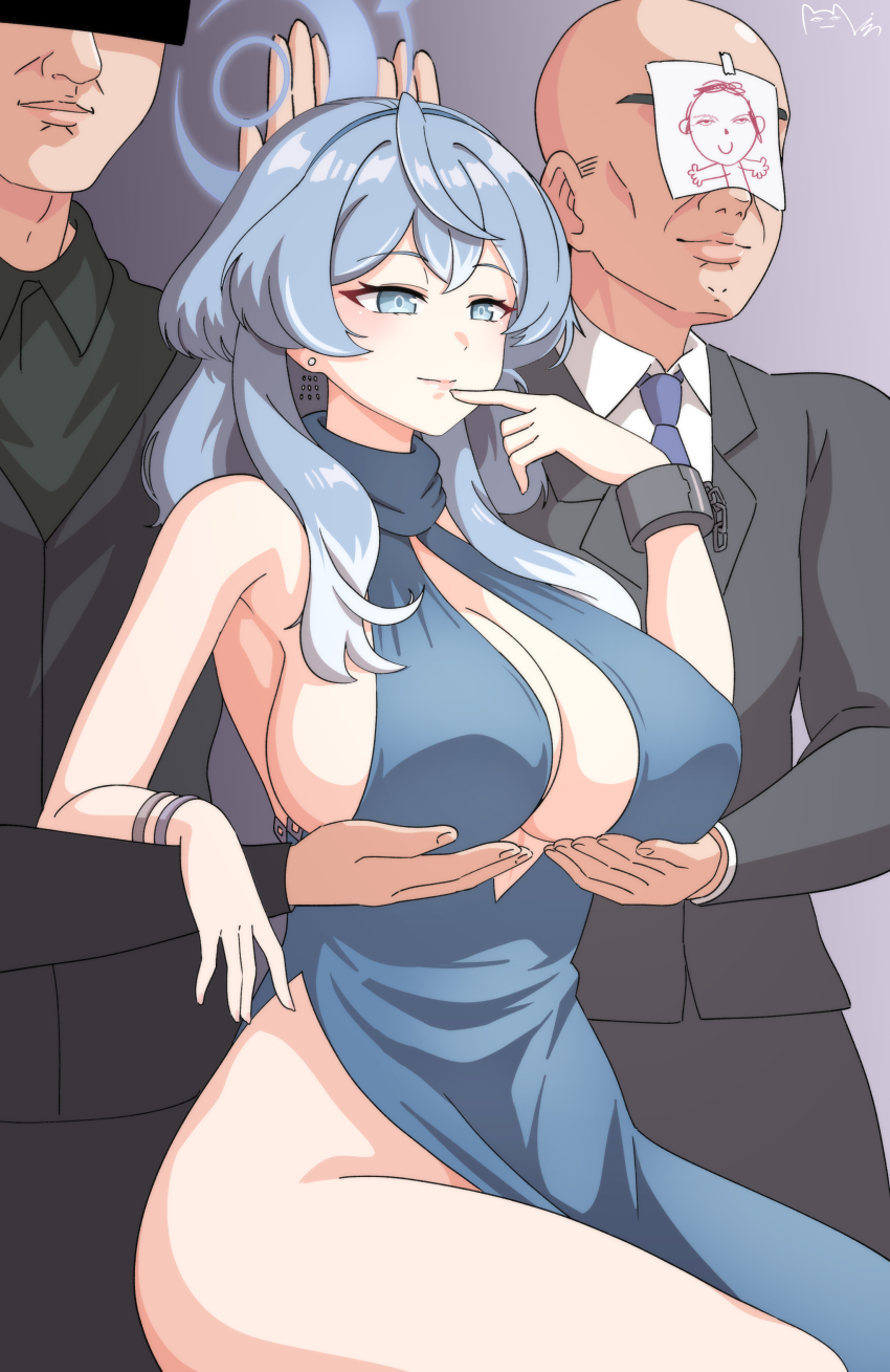 1girl 2boys absurdres ako_(blue_archive) ako_(dress)_(blue_archive) bare_shoulders blue_archive blue_dress blue_eyes blue_hair blue_halo blue_necktie bracelet breast_hold breasts business_suit chain character_request closed_mouth cuffs doodle_sensei_(blue_archive) drawing_(object) dress earrings faceless faceless_male finger_to_mouth formal_clothes gradient_hair grey_jacket grey_pants halo halter_dress halterneck highres jacket jewelry large_breasts light_smile long_hair majinmallow meme multicolored_hair multiple_boys necktie no_panties official_alternate_costume pants paper plunging_neckline sensei_(blue_archive) servants_holding_aphrodite&#039;s_breasts_(meme) shackles shuumatsu_no_valkyrie side_slit sideboob sideless_dress sitting sleeveless sleeveless_dress stud_earrings suit white_hair