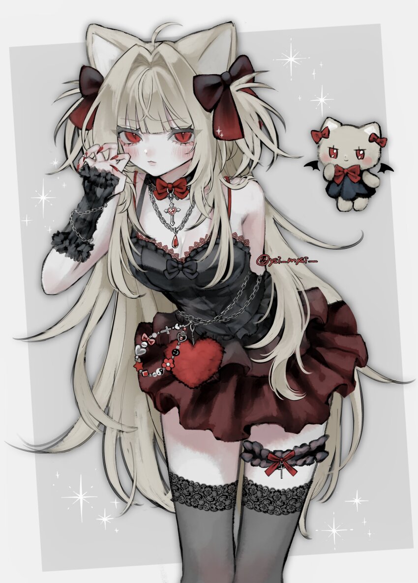 1girl absurdres ahoge animal_ears arm_behind_back armpit_crease bare_shoulders belly_chain black_bow black_collar black_dress black_sleeves black_straps black_thighhighs blonde_hair blunt_bangs blush border bow bowtie breasts cat_ears cat_girl chain chain_necklace chest_bow cleavage closed_mouth collar commentary cowboy_shot cross_ornament detached_sleeves dress flower_ornament frilled_thigh_strap fur_sleeves gem grey_background hair_bow heart heart-shaped_pupils heart_ornament highres jewelry lace lace-trimmed_dress lace-trimmed_thighhighs lace_trim long_hair looking_at_viewer lulu_(oysi_mysi) medium_breasts multiple_hair_bows necklace orb original oysi_mysi paw_pose red_bow red_bowtie red_eyes red_gemstone red_nails red_ribbon ribbon simple_background slit_pupils solo_focus sparkle sparkling_aura star_ornament symbol-only_commentary symbol-shaped_pupils thigh_strap thighhighs twitter_username very_long_hair white_border yin_yang yin_yang_orb