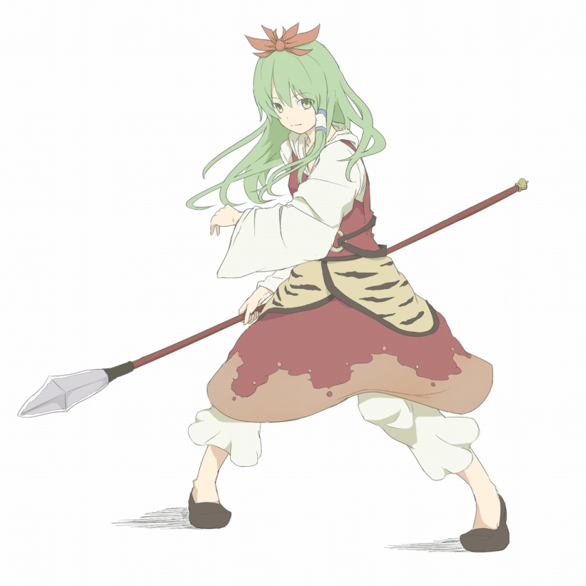 1girl cosplay female_focus flats green_eyes green_hair kawashina_(momen_silicon) kochiya_sanae long_hair looking_at_viewer matching_hair/eyes polearm simple_background smile solo spear tiger_stripes toramaru_shou toramaru_shou_(cosplay) touhou weapon white_background