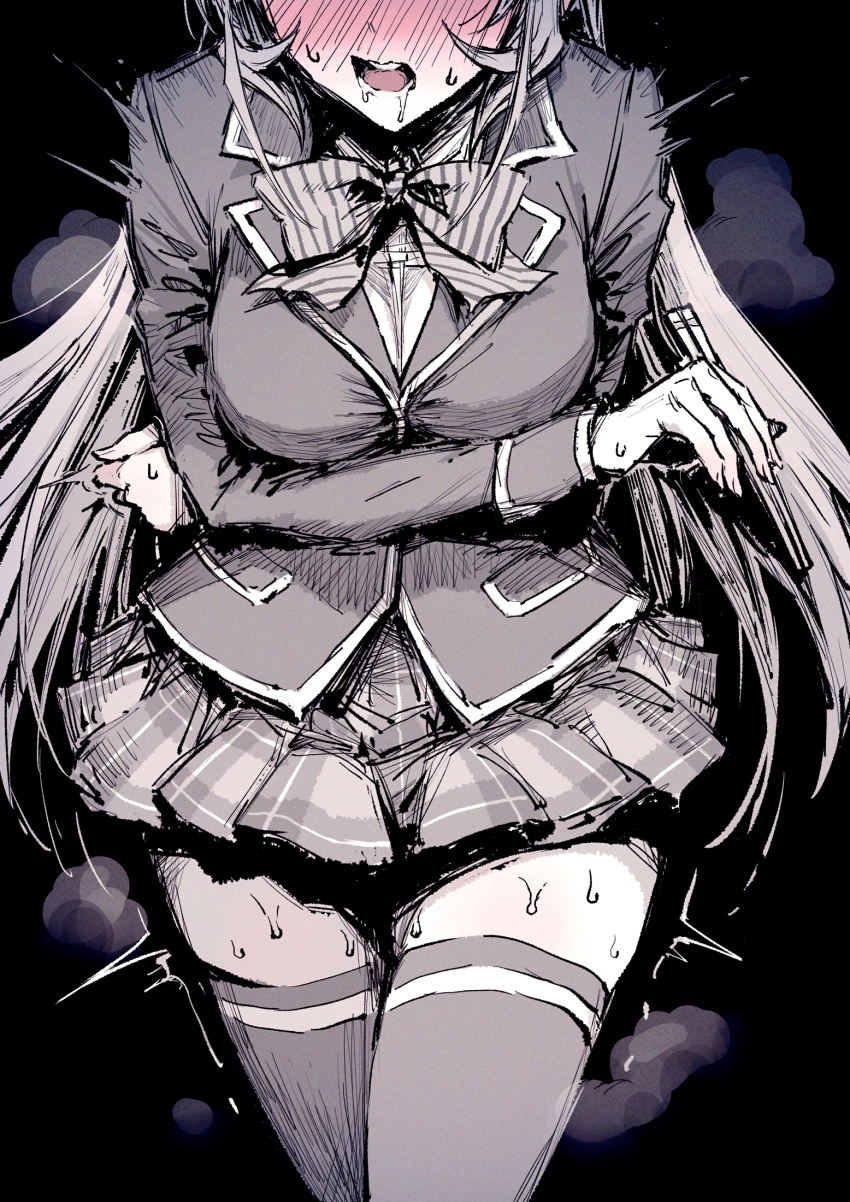 1girl blush bow bowtie breasts haoni highres large_breasts long_hair long_sleeves miniskirt nakiri_erina open_mouth shokugeki_no_souma sketch skirt solo thighhighs thighs