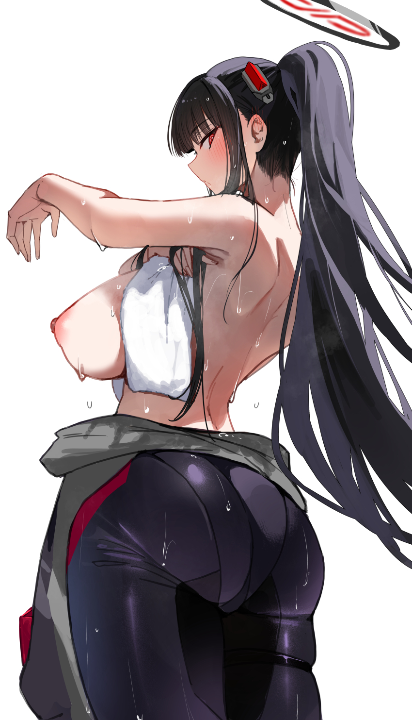 1girl absurdres black_bodysuit black_hair blue_archive blush bodysuit from_behind highres holding holding_towel looking_at_viewer nipples no_bra official_alternate_costume official_alternate_hairstyle parted_lips partially_undressed ponytail rio_(blue_archive) rio_(bodysuit)_(blue_archive) shiro_marimo sidelocks solo sports_bra sweat towel wiping_sweat
