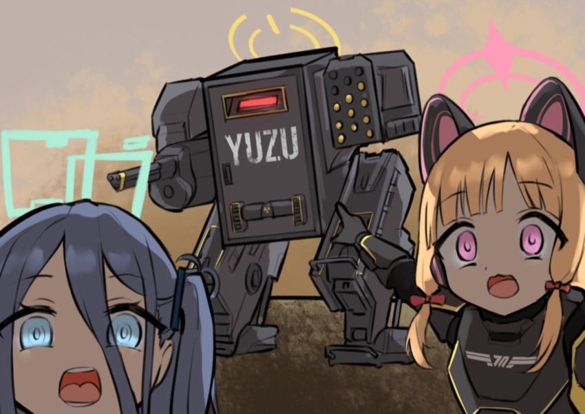 2girls alternate_costume animal_ear_headphones animal_ears aqua_halo aris_(blue_archive) black_bodysuit black_gloves black_hair blonde_hair blue_archive blue_eyes blunt_bangs bodysuit bow cat_ear_headphones cat_ears chinese_commentary commentary_request eyes_visible_through_hair fake_animal_ears gloves hair_between_eyes hair_bow halo headphones helldivers_(series) index_finger_raised looking_at_viewer mecha medium_hair meme millennium_science_school_logo momoi_(blue_archive) multiple_girls one_side_up open_mouth outdoors parody pink_eyes pink_halo pointing rectangular_halo red_bow ringed_eyes robot sidelocks tareme teeth two_soyjaks_pointing_(meme) upper_body wide-eyed yellow_halo yuzu_(blue_archive) yyfuu