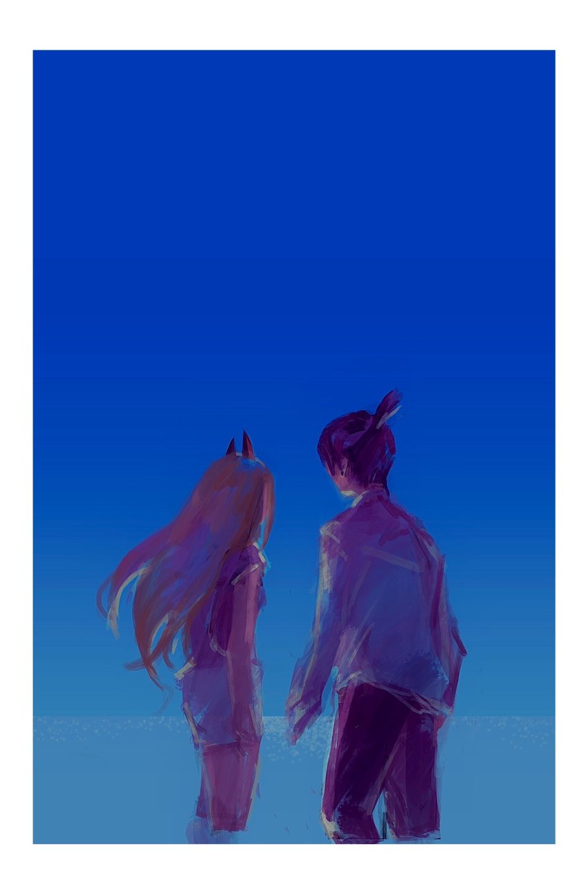 1boy 1girl blue_sky brown_hair chainsaw_man earrings gradient_sky hayakawa_aki highres horns jewelry long_hair nangokuniikitai ocean painterly ponytail power power_(chainsaw_man) purple_hair red_horns shirt_tucked_in sky topknot wading water