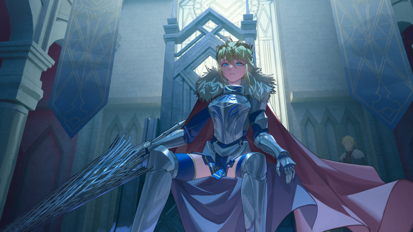 1boy 1girl absurdres armor armored_dress artoria_pendragon_(fate) artoria_pendragon_(lancer)_(fate) blonde_hair blue_gloves blue_thighhighs camelot_(fate/grand_order) cape crown dress fate/grand_order fate_(series) fur-trimmed_cape fur_trim gloves highres holding holding_weapon knights_of_the_round_table_(fate) rhongomyniad_(fate) saber_(fate) sitting taek_ten thighhighs thighs weapon