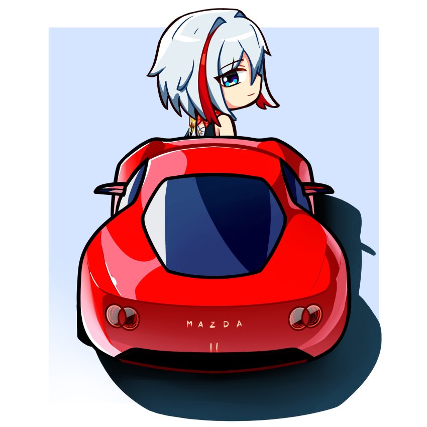 1girl absurdres back_tattoo backless_shirt black_shirt blue_background border car commentary duz english_commentary hair_intakes highres honkai:_star_rail honkai_(series) mazda mazda_iconic_sp motor_vehicle multicolored_hair red_hair shadow shirt simple_background sleeveless sleeveless_shirt smile solo sports_car streaked_hair tattoo topaz_(honkai:_star_rail) vehicle_focus white_border