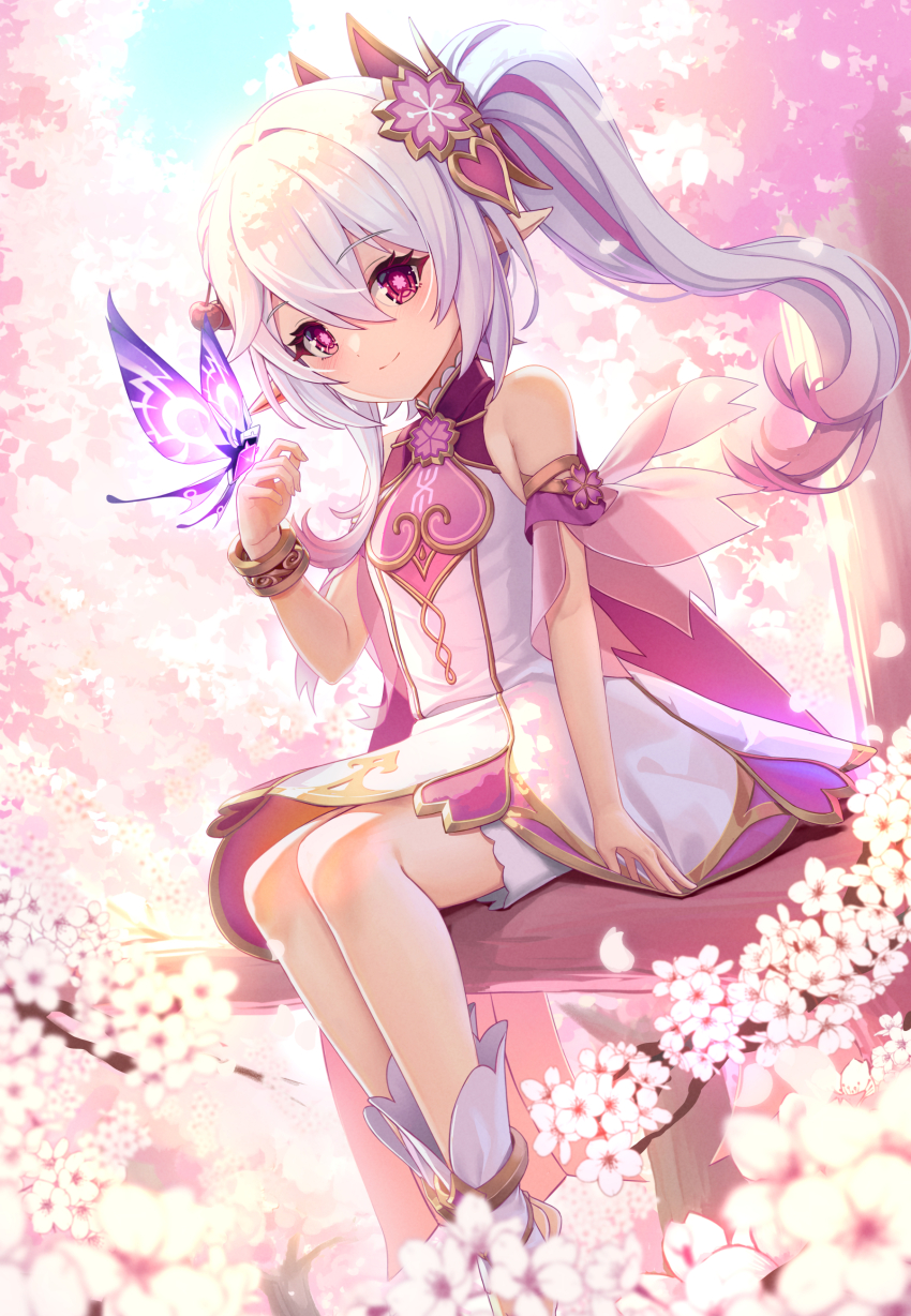 1girl absurdres alternate_color alternate_eye_color alternate_hair_color bare_shoulders blush bracelet bug butterfly butterfly_on_hand cape cherry cherry_blossoms closed_mouth commentary_request crystalfly_(genshin_impact) day detached_sleeves dress fingernails flower-shaped_pupils food food-themed_hair_ornament fruit genshin_impact gold_trim gradient_hair hair_ornament hand_up highres insect jewelry kapa_draws long_hair looking_at_viewer multicolored_hair nahida_(genshin_impact) outdoors petals pink_cape pink_eyes pink_hair pink_sleeves pointy_ears side_ponytail sleeveless sleeveless_dress smile solo symbol-shaped_pupils very_long_hair white_hair