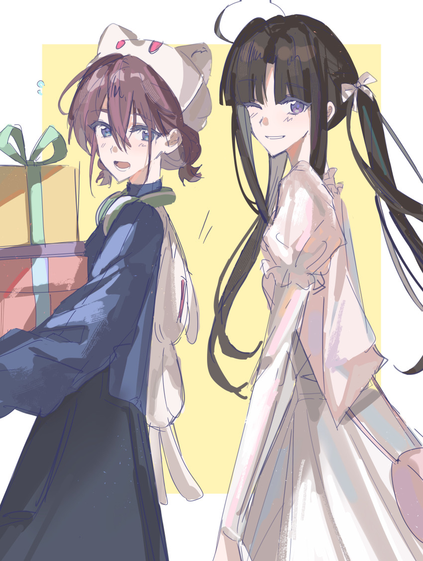 2girls absurdres alternate_hairstyle awa_subaru bag black_hair black_overalls blue_eyes blue_sweater blush brown_hair carrying chinese_commentary commentary_request dress gift girls_band_cry hair_between_eyes hair_ribbon highres iseri_nina juliet_sleeves long_sleeves looking_at_viewer low_twintails multiple_girls one_eye_closed open_mouth overalls pink_bag puffy_sleeves purple_eyes qiansefeihe ribbon short_twintails shoulder_bag sidelocks sweater twintails white_dress white_ribbon