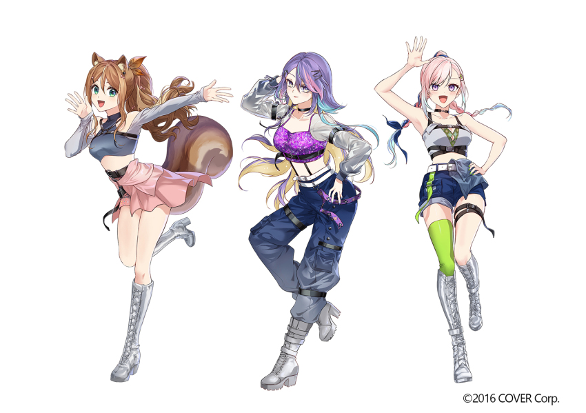 3girls airani_iofifteen animal_ear_fluff animal_ears area_15 arm_up ayunda_risu bare_arms belt black_belt black_choker blonde_hair blue_hair blue_pants blue_ribbon blue_shirt blue_shorts boots braid braided_ponytail breasts brown_hair cargo_pants chest_belt chest_harness choker cleavage colored_inner_hair commentary company_name copyright_notice crescent cropped_shirt english_commentary full_body gradient_eyes gradient_hair green_hair green_thighhighs grey_shirt hair_between_eyes hair_flaps hair_ornament hair_ribbon hairclip half-skirt halter_shirt halterneck hand_on_own_hip hand_on_own_thigh harness headset high_heel_boots high_heels high_ponytail hololive hololive_indonesia knee_boots lace-up_boots large_breasts lineup long_hair long_hair_between_eyes long_sidelocks long_sleeves looking_at_viewer medium_breasts midriff miniskirt moona_hoshinova multicolored_eyes multicolored_hair multiple_belts multiple_girls nail_polish o-ring o-ring_harness off-shoulder_shirt off_shoulder official_alternate_costume official_alternate_hairstyle official_art open_mouth overskirt pants pants_tucked_in parted_lips pink_hair pink_skirt platform_boots pleated_skirt ponytail purple_eyes purple_hair purple_shirt ribbon sakon04 see-through_clothes see-through_sleeves shirt short_shorts shorts side_braid sidelocks simple_background single_thighhigh skirt sleeveless sleeveless_shirt sleeves_past_wrists smile squirrel_ears squirrel_girl squirrel_tail standing starry_hair streaked_hair swept_bangs tail thigh_strap thighhighs two-tone_hair underbust virtual_youtuber white_background white_belt white_boots white_hair white_sleeves yellow_eyes