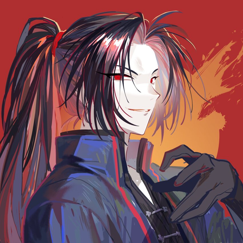 black_coat black_hair blue_coat coat hand_up high_ponytail highres hsh7955 jia_huan_(project_moon) limbus_company long_hair looking_at_viewer mandarin_collar parted_bangs parted_lips ponytail portrait project_moon red_background red_eyes simple_background smile very_long_hair
