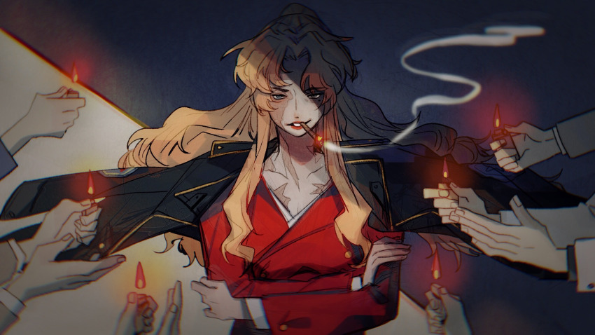 1girl balalaika_(black_lagoon) black_lagoon blonde_hair crossed_arms disembodied_hand formal_clothes highres holding holding_lighter lighter long_hair looking_at_viewer mi_tang red_suit scar scar_on_face smoking suit