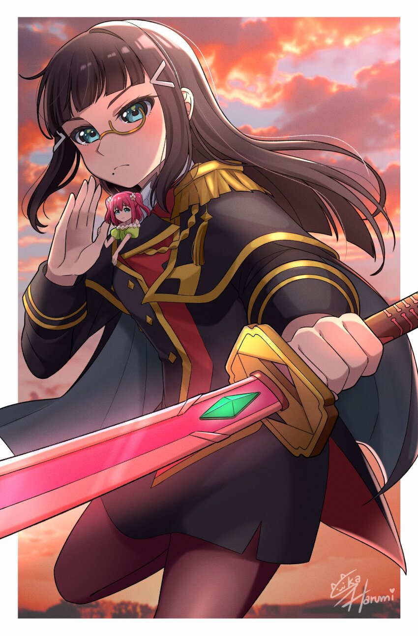 2girls absurdres aqua_eyes artist_name black_cape black_hair black_jacket black_pantyhose black_skirt blue_sky cape closed_mouth commentary_request dia_(genjitsu_no_yohane) epaulettes fairy foot_out_of_frame frown genjitsu_no_yohane highres hime_cut holding holding_sword holding_weapon jacket kurosawa_dia kurosawa_ruby leg_up long_hair long_sleeves looking_at_viewer love_live! love_live!_sunshine!! medium_hair mini_person minigirl miniskirt mole mole_under_mouth monocle multiple_girls pantyhose photo_background pink_hair ruby_(genjitsu_no_yohane) siblings sidelocks signature sisters ska.harumi skirt sky sunset sword two_side_up weapon