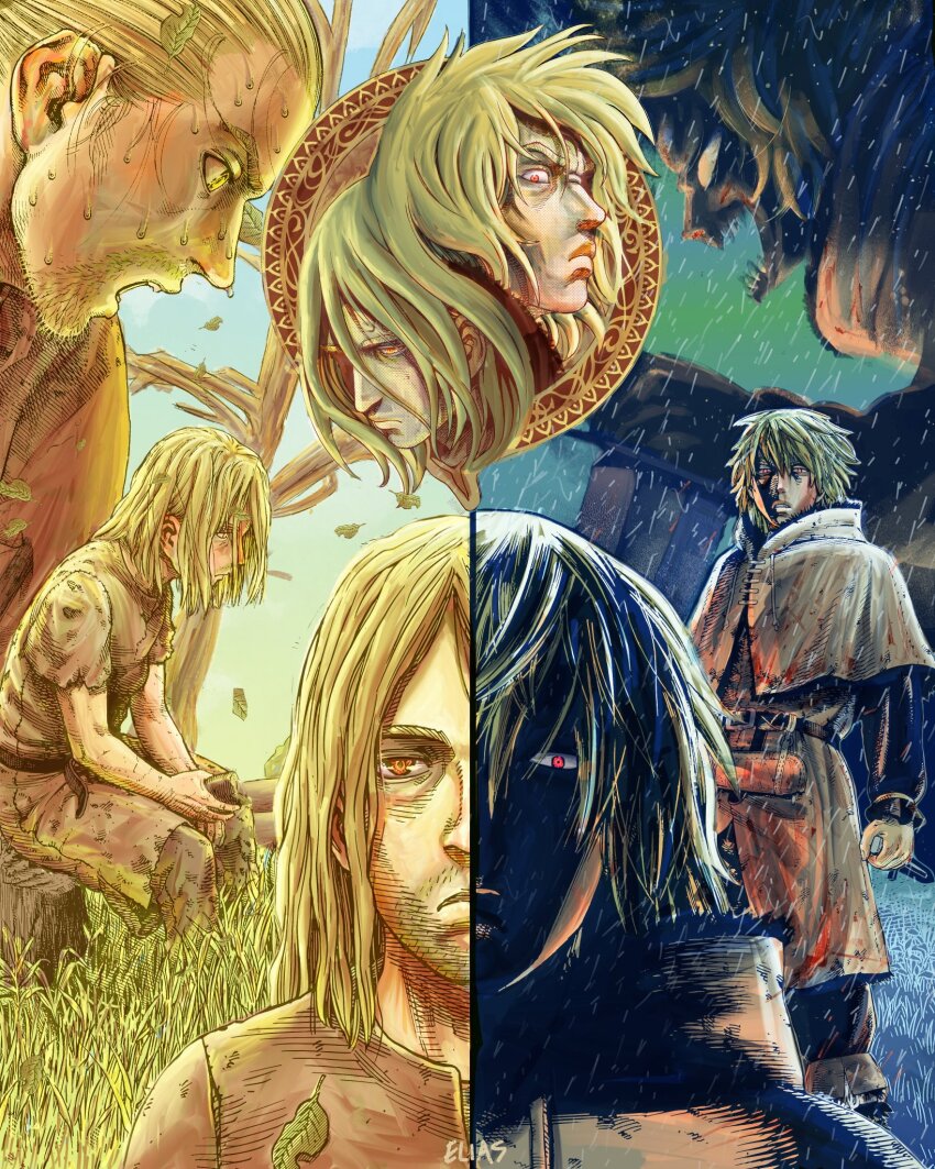 1boy age_progression angry birthday blank_eyes blonde_hair collage dagger eliasdessin expressionless facial_hair frown goatee highres holding holding_dagger holding_knife holding_weapon knife male_focus medium_hair profile red_eyes sad shaded_face split_theme sweat thick_eyebrows thorfinn upper_body vinland_saga weapon