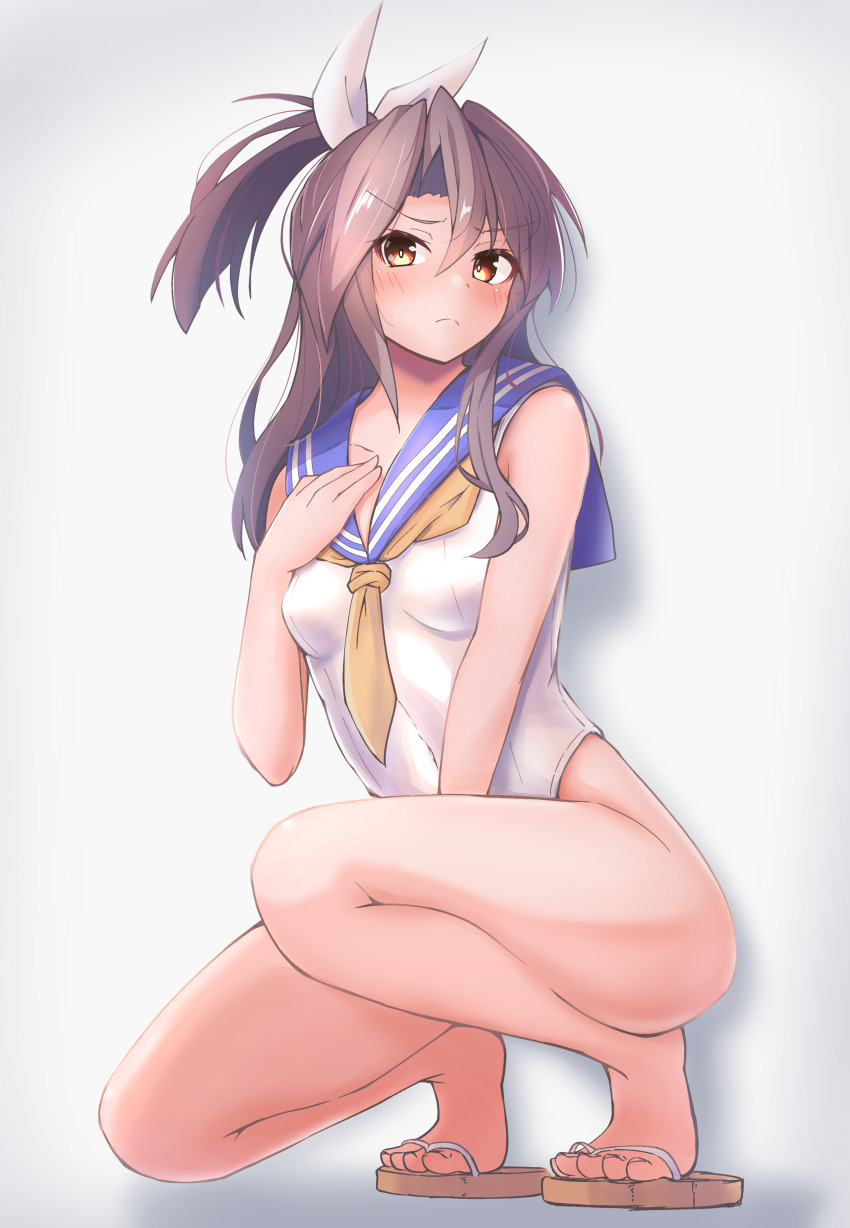 1girl 702_(naotsu) absurdres alternate_costume blue_sailor_collar brown_eyes casual_one-piece_swimsuit covered_navel full_body grey_hair high_ponytail highleg highleg_one-piece_swimsuit highres kantai_collection neckerchief one-piece_swimsuit ponytail sailor_collar sailor_one-piece_swimsuit sandals simple_background solo swimsuit white_background white_one-piece_swimsuit yellow_neckerchief zuihou_(kancolle)
