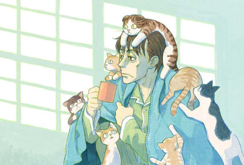 1boy :&lt; animal animal_on_head animal_on_shoulder azuma_kiyohiko blanket brown_eyes brown_hair cat cat_on_head cat_on_shoulder closed_mouth collarbone colored_sclera cup end_card from_side holding holding_cup long_sleeves looking_to_the_side looking_up mug non-web_source on_head pajamas sangatsu_no_lion shimada_kai short_hair sitting too_many too_many_cats triangle_mouth yellow_sclera |_|