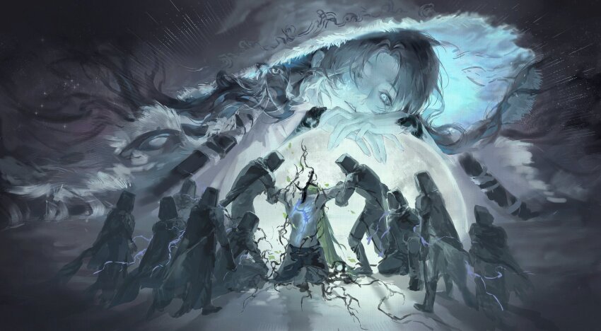 1boy 6+girls alecto_black_knife_ringleader armor assassin backstab black_cloak black_knife_(elden_ring) black_knife_assassin black_knife_tiche blonde_hair blue_eyes blue_skin brother_and_sister cloak colored_skin dagger elden_ring extra_faces full_moon fur_cloak glowing_tattoo godwyn_the_golden half-siblings hat highres holding holding_dagger holding_knife holding_weapon hood hood_up hooded_cloak jiao_chang knife large_hat long_hair moon multiple_girls prince ranni_the_witch rune rune_of_death siblings weapon witch witch_hat