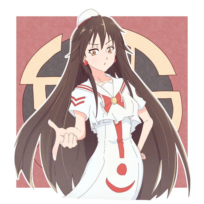 1girl akira_ferrari aria_(manga) bluearcadegames border breasts brown_eyes brown_hair collarbone cowboy_shot dress earrings eyelashes hand_on_own_hip hat highres himeya_company_uniform jewelry long_hair looking_at_viewer open_mouth outline sailor_collar short_sleeves small_breasts solo very_long_hair white_border white_dress white_hat white_outline