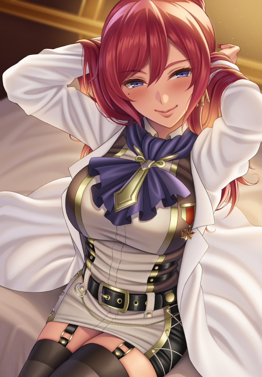 1girl animal_ears arms_up ascot belt belt_buckle black_belt black_dress black_thighhighs blue_ascot blue_eyes blush breasts buckle dress garter_straps god_eater god_eater_2:_rage_burst grey_dress hair_between_eyes hand_in_own_hair highres indoors lab_coat large_breasts leah_claudius legs_together long_hair looking_at_viewer mole mole_under_eye nail_polish on_bed red_hair red_nails sitting smile solo thighhighs two-tone_dress watanuki_kaname