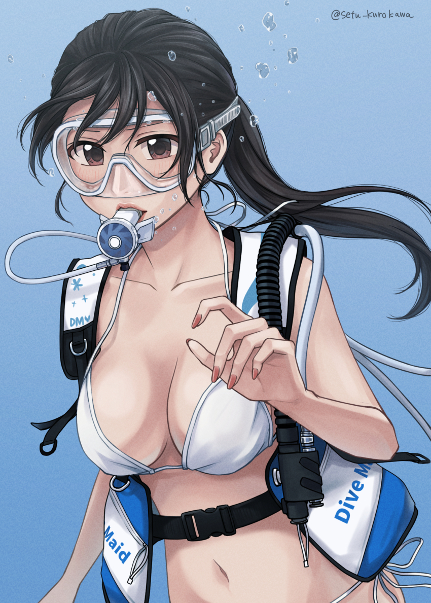 1girl air_bubble artist_name bikini black_hair breasts brown_eyes bubble cleavage collarbone commentary_request commission diving hair_between_eyes highres large_breasts long_hair navel original pixiv_commission ponytail scuba_gear setu_kurokawa side-tie_bikini_bottom solo stomach swimsuit twintails underwater watermark white_bikini