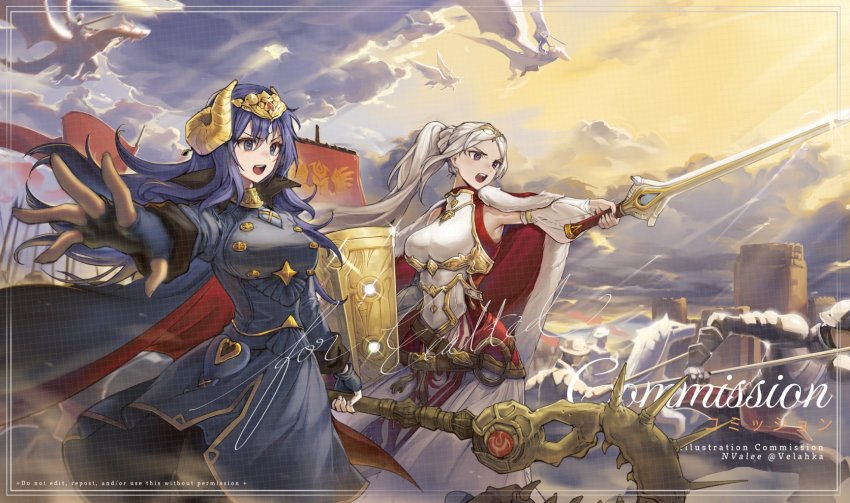 2girls army axe aymr_(fire_emblem) blue_eyes blue_hair blush breasts cape closed_mouth cosplay dress edelgard_von_hresvelg edelgard_von_hresvelg_(cosplay) falchion_(fire_emblem) fire_emblem fire_emblem:_three_houses fire_emblem_awakening fire_emblem_heroes gloves hair_ornament highres horns large_breasts long_hair long_sleeves lucina_(fire_emblem) lucina_(fire_emblem)_(cosplay) lucina_(hope-ruling_queen)_(fire_emblem) medium_breasts multiple_girls nintendo purple_eyes red_cape side_ponytail velahka white_hair