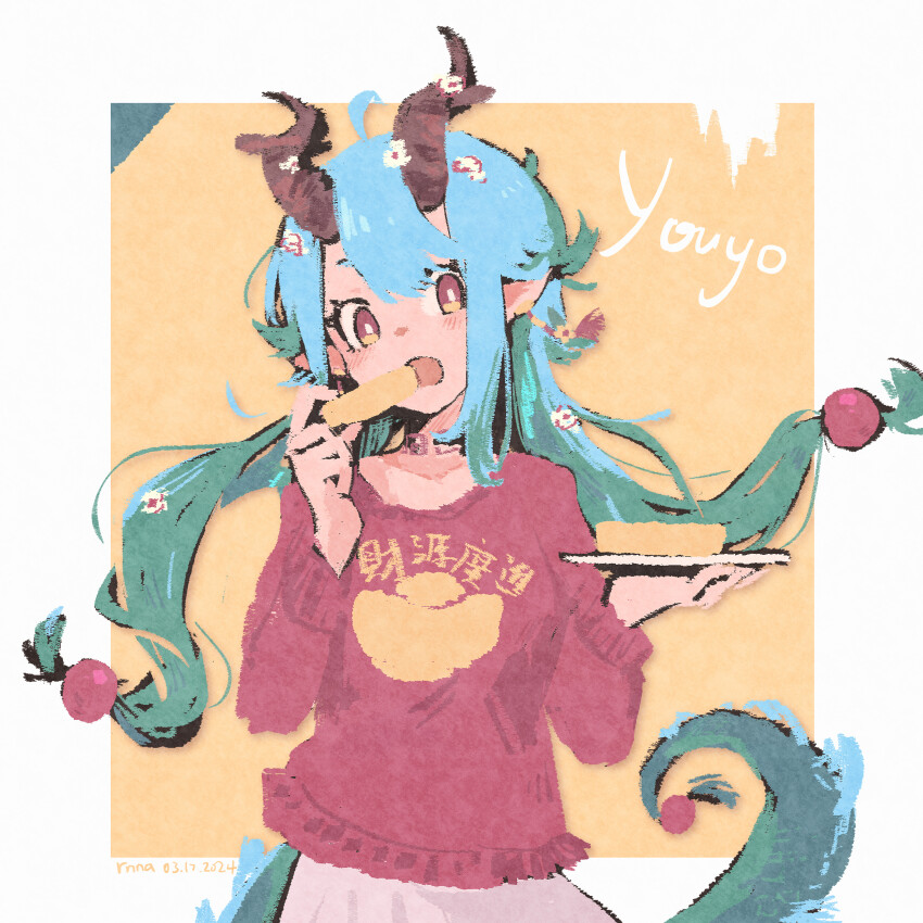 1girl absurdres aqua_hair character_name commentary dated dragon_girl dragon_horns dragon_tail earrings eating english_commentary flower food hair_flower hair_ornament highres holding holding_food holding_plate horns jewelry long_hair long_sleeves open_mouth plate pointy_ears red_eyes red_shirt rnna shirt solo tail tassel tassel_earrings translation_request upper_body youyo_(rnna)