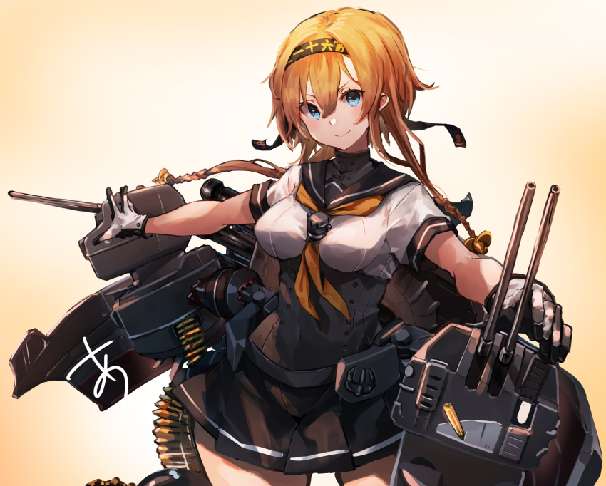 1girl black_headband black_sailor_collar blue_eyes braid breasts brown_hair chou-10cm-hou-chan_(teruzuki&#039;s) clothes_writing corset cowboy_shot gradient_background grey_eyes hachimaki hair_flaps hair_ornament hairband headband highres kantai_collection light_brown_hair long_hair looking_at_viewer neckerchief orange_neckerchief propeller_hair_ornament sailor_collar school_uniform skirt smile sunday_aki teruzuki_(kancolle) twin_braids yellow_background yellow_neckerchief