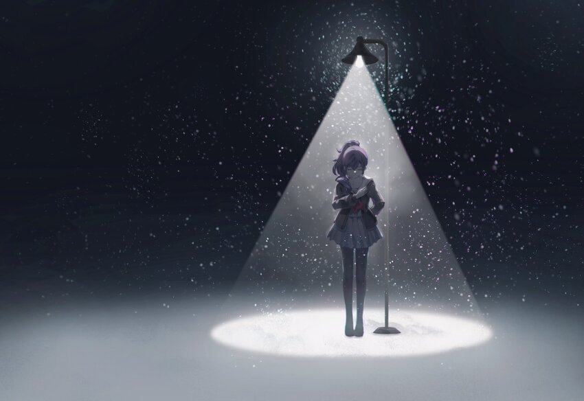 1girl asahina_mafuyu closed_eyes closed_mouth hair_over_shoulder hand_on_own_chest highres lamppost long_hair miyamasuzaka_girls&#039;_academy_school_uniform neckerchief night phlic ponytail project_sekai purple_hair red_neckerchief school_uniform snowing standing