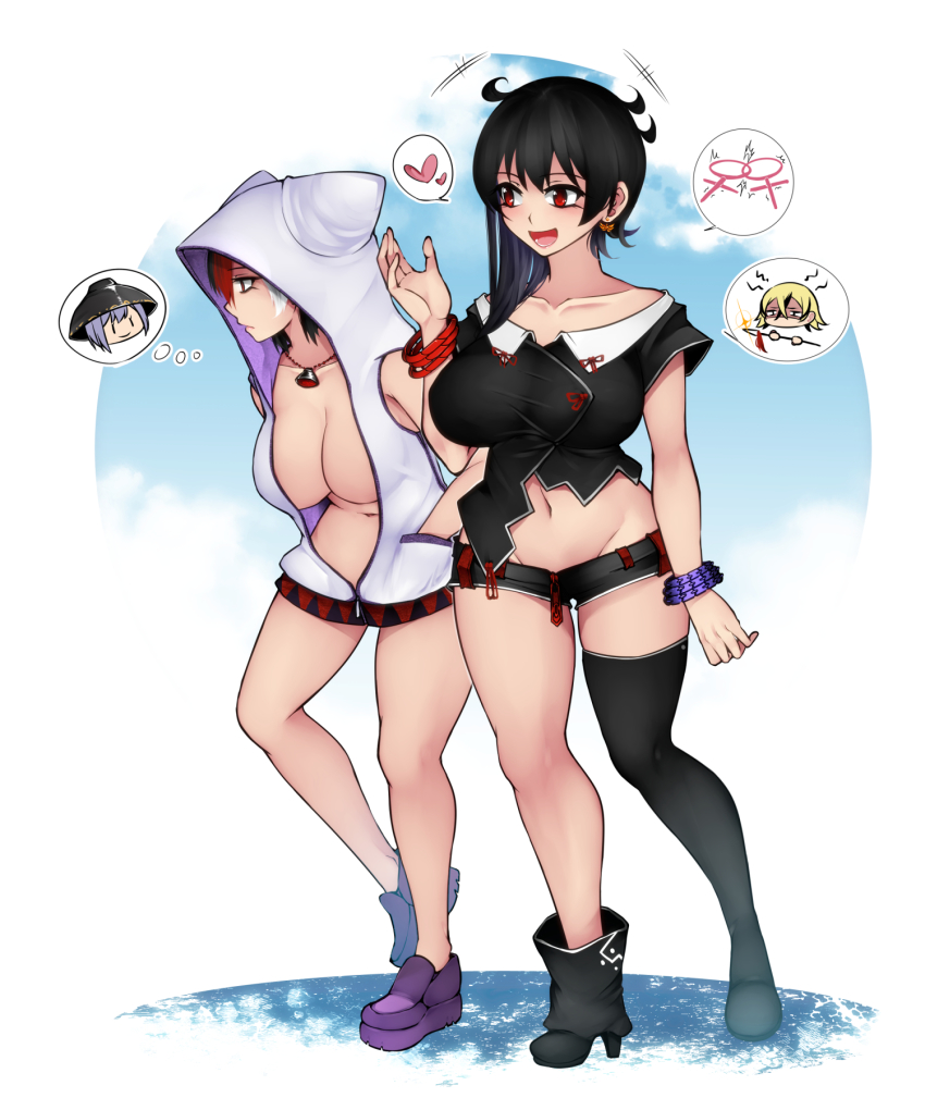 2girls adapted_costume aoshima asymmetrical_legwear black_hair black_legwear black_shirt black_shorts blouse blush breasts cleavage closed_mouth collarbone commentary_request contemporary frown full_body groin heart high_heels highres hood hood_up hoodie houjuu_nue implied_yuri interlocked_venus_symbols jewelry kijin_seija large_breasts long_hair looking_afar looking_at_another looking_to_the_side loose_socks micro_shorts midriff multicolored_hair multiple_girls naked_hoodie navel necklace no_bra no_wings open_mouth purple_footwear red_eyes red_hair shirt shoes short_hair short_sleeves shorts single_thighhigh smile socks speech_bubble spoken_character spoken_heart spoken_venus_symbol streaked_hair sukuna_shinmyoumaru thighhighs thought_bubble toramaru_shou touhou venus_symbol white_background white_hair white_hoodie wristband
