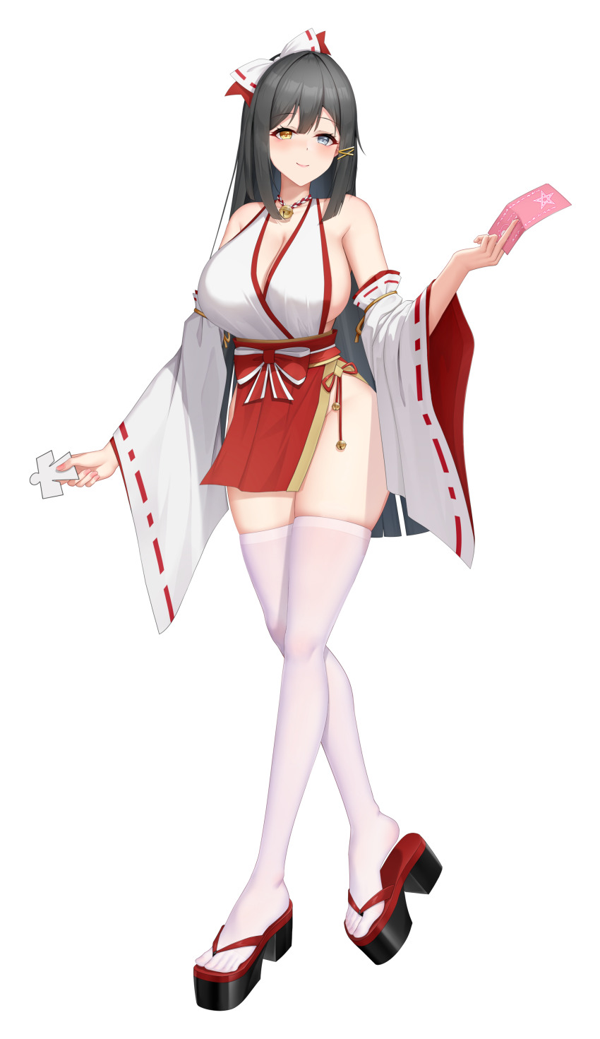 1girl absurdres bare_hips bare_shoulders bell between_fingers black_hair blue_eyes bow breasts cleavage cleavage_cutout clothing_cutout detached_sleeves exorcist_onmyoji full_body furisode_sleeves game_cg geta groin hair_bow heterochromia highres holding japanese_clothes kimono large_breasts long_hair non-web_source nontraditional_miko official_art ofuda ofuda_between_fingers open_mouth paper_cutout paper_doll pelvic_curtain ribbon-trimmed_sleeves ribbon_trim shikigami shiny_skin sideboob skindentation smile solo teeth thighhighs thighs transparent_background tsuki_(exorcist_onmyoji) very_long_hair white_thighhighs yellow_eyes
