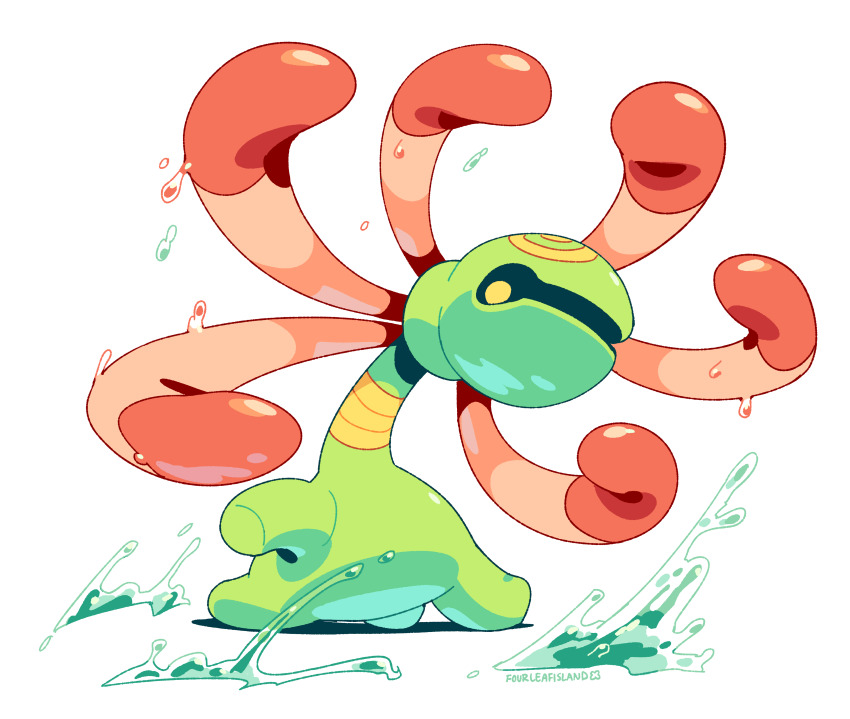 absurdres animal_focus artist_name clip_studio_paint_(medium) commentary cradily english_commentary fourleafisland full_body gen_3_pokemon highres nintendo no_humans plant pokemon pokemon_(creature) prehensile_hair simple_background solo water wet white_background yellow_eyes