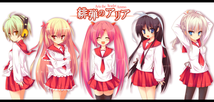 5girls arms_up black_hair blonde_hair blue_eyes blush closed_eyes copyright_name crossed_arms fang green_hair hair_ribbon headphones hidan_no_aria highres hotogi_shirayuki huei_nazuki jeanne_d&#039;arc_(hidan_no_aria) kanzaki_h._aria letterboxed long_hair mine_riko multiple_girls open_mouth pantyhose pink_hair red_eyes reki_(hidan_no_aria) ribbon school_uniform serafuku short_hair smile thighhighs twintails white_hair yellow_eyes zettai_ryouiki