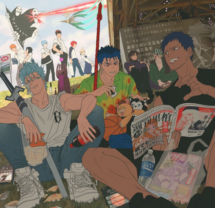 2girls 6+boys aizen_sousuke animal aomine_daiki artoria_pendragon_(fate) bag ball black_hair black_pants black_shorts black_tank_top bleach blonde_hair blue_eyes blue_hair bottle carnival_phantasm cat cloud crossover dark-skinned_male dark_skin day denim dog earrings eating emiya_shirou fate/stay_night fate_(series) food food_on_face gae_bolg_(fate) grail-kun grimmjow_jaegerjaquez grocery_bag hawaiian_shirt highres holding holding_bottle holding_food holding_magazine illyasviel_von_einzbern inoue_orihime jeans jewelry kagami_taiga katana knife kotomine_kirei kuchiki_rukia kuroko_no_basuke kuroko_tetsuya kurosaki_ichigo looking_at_another magazine_(object) medusa_(fate) medusa_(rider)_(fate) multiple_boys multiple_girls onigiri orange_hair outdoors pants polearm red_eyes red_hair saber_(fate) school_uniform shirt shopping_bag short_hair shorts sitting sky smile soda_bottle spear stuffed_animal stuffed_toy sword tank_top urahara_kisuke uraura_ura-chan water_bottle weapon white_shirt