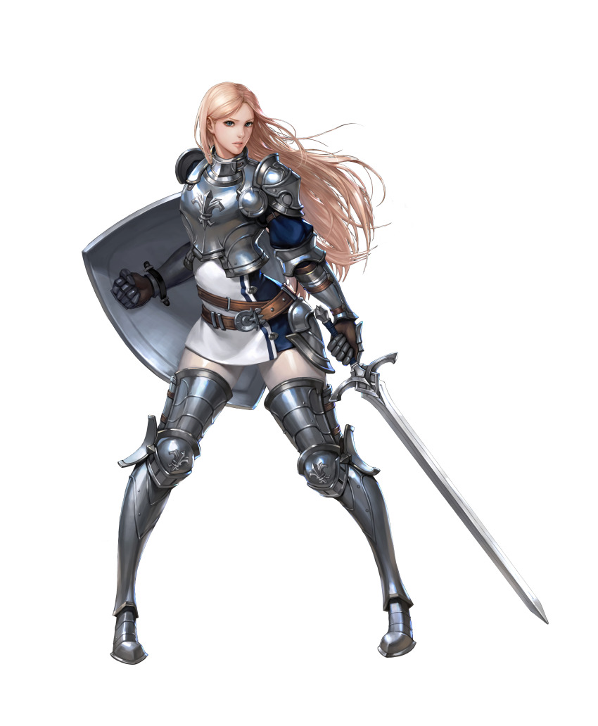 1girl absurdres armor armored_boots armored_gloves bad_artstation_id bad_id belt belt_buckle blonde_hair blue_eyes boots breastplate buckle fleur-de-lis gauntlets highres holding holding_sword holding_weapon knight leather_belt long_hair original shield shoulder_armor solo sword tower_shield transparent_background very_long_hair weapon ye-lim_chae